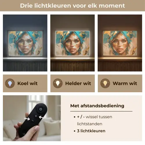 Vrouw - Portret - Goud - Luxe - Blauw Light Box met batterij (Wandlamp) middel -USP_lichtkleurNL