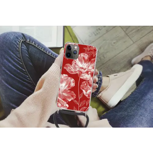Bloemen - Patroon - Rood - Wit Hoesje iPhone 12 Pro met koord klein -hand