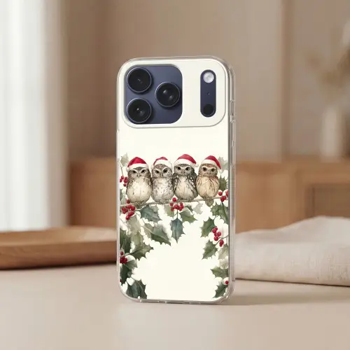 Uilen - Tak - Hulstblaadjes - Kerstmuts Telefoonhoesje iPhone 17 Pro klein -sfeer2