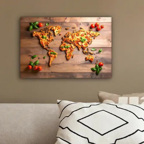 Wereldkaart - Pizza - Houten ondergrond canvas 2cm klein -sfeer3