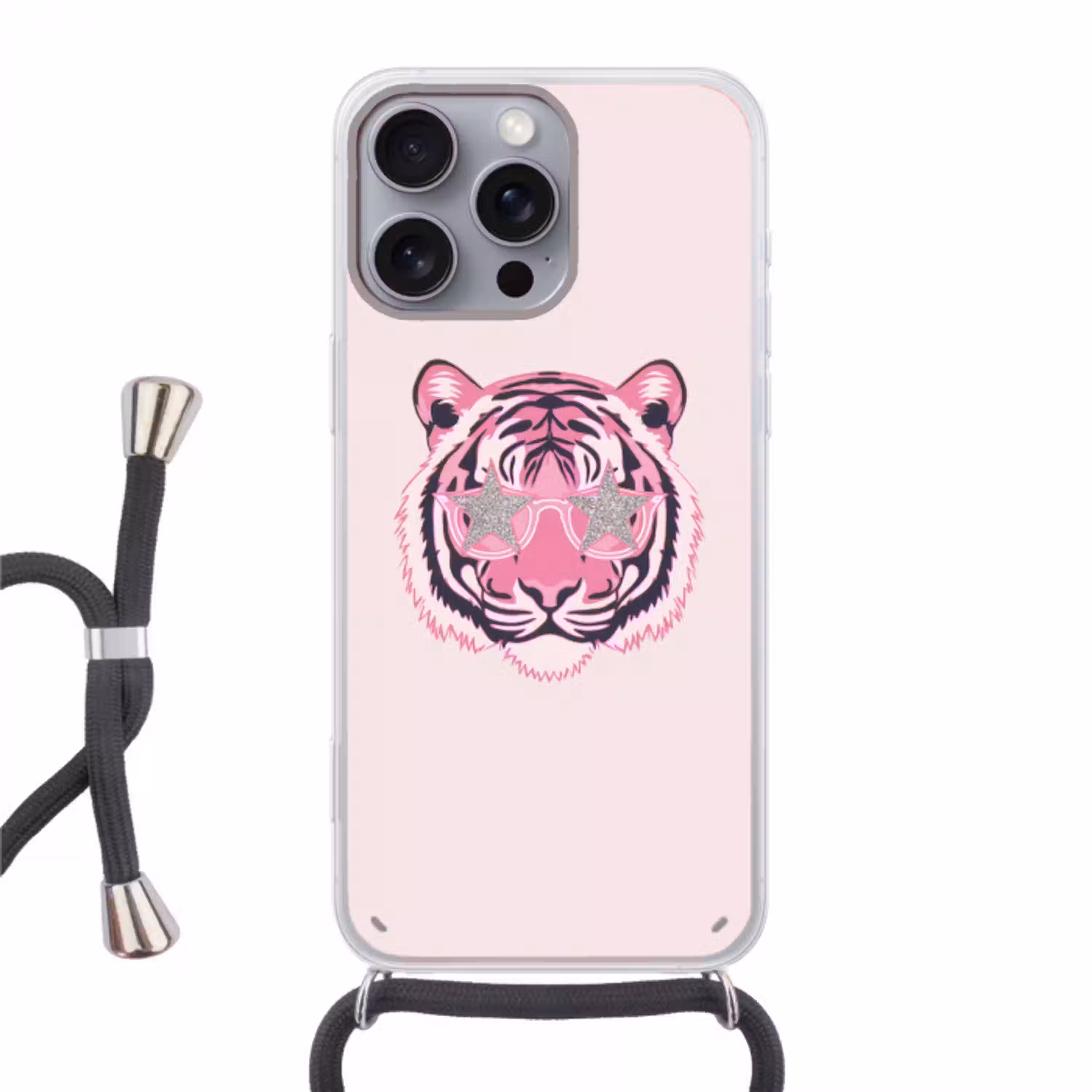 Tijger - Glitterzonnebril - Roze Hoesje iPhone 16 Pro Max met koord klein -3d