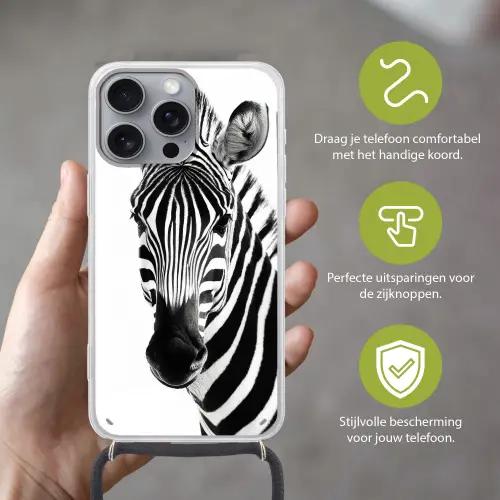 Zebra - Close-up - Zwart - Strepen Hoesje iPhone 16 Pro Max met koord klein -sfeer2_NL
