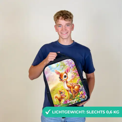 Hertje en eekhoorn in kleurrijk bloemenveld Rugzak - Zwart middel -sfeer7_NL