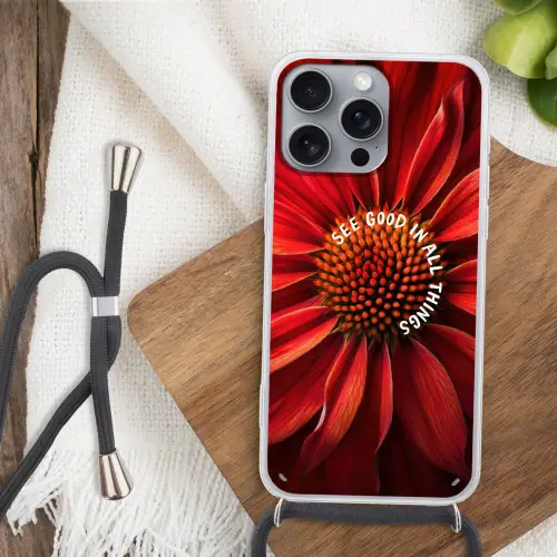 Close up - Bloem - Quote - Rood Hoesje iPhone 16 Pro Max met koord klein -sfeer4