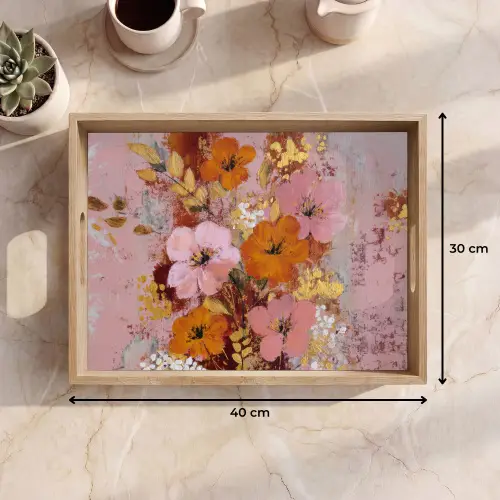 Schilderij - Bloemen - Rustiek - Roze Dienblad Rechthoek middel -USP_Formaat