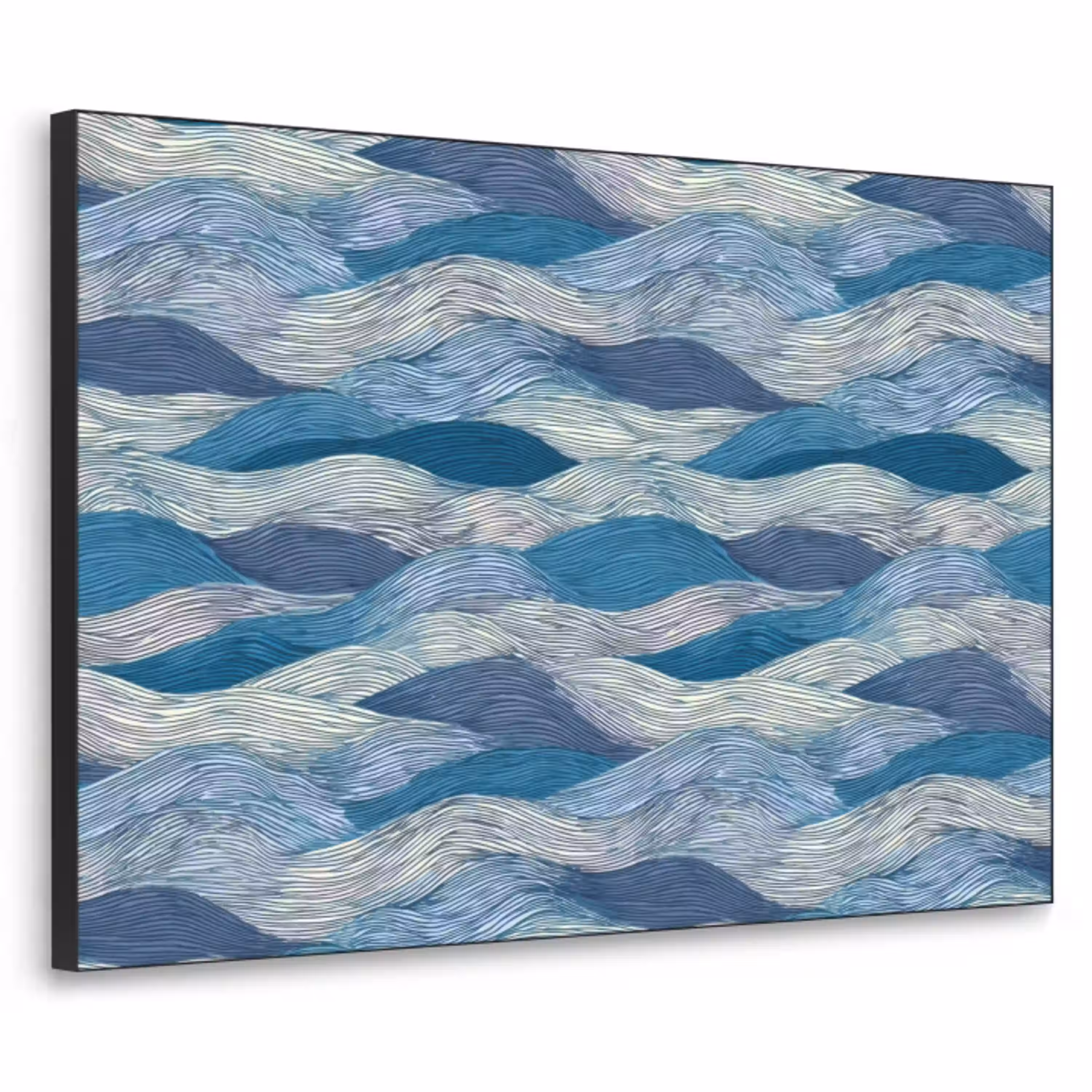 Getekend - Blauw - Wit - Golvend - Streepjes Textielframe zwart klein 947 -3d