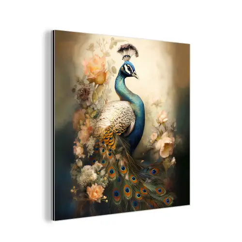 Pauw - Pauwenveren - Bloemen - Vogels - Botanisch aluminium wit klein -3d