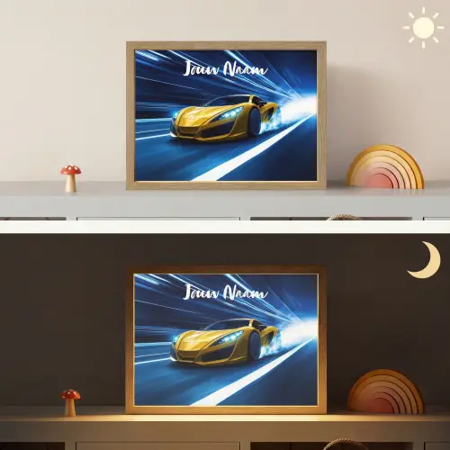 Auto - Geel - Race - Blauw Light Box met batterij (Wandlamp kind) middel -sfeer3_kind