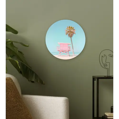 Palmboom - Strandhuis - Roze Wandcirkel kunststof plaat 5mm dik klein -sfeer3