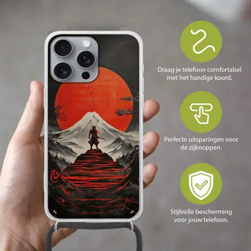 Krijger - Rode trappen - Zon - Berg Hoesje iPhone 16 Pro Max met koord klein -sfeer2_NL