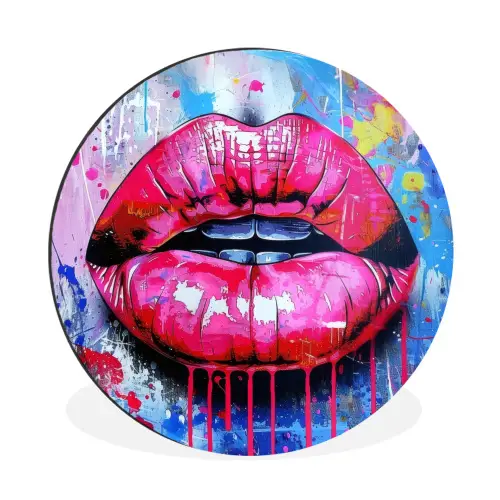 Graffiti - Lippen - Felroze - Geschilderd Wandcirkel aluminium klein -3d