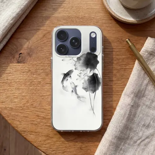 Lotusbloemen - Vissen - Bladeren - Zwart Telefoonhoesje iPhone 17 Pro klein -sfeer1