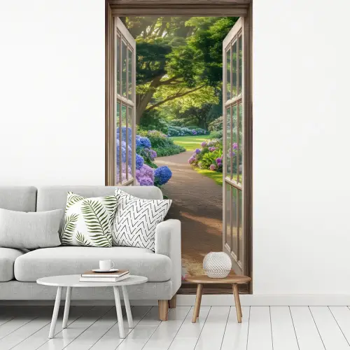 Doorkijk - Tuin - Raam - Hortensia - Bloemen fotobehang vinyl groot -woonkamer