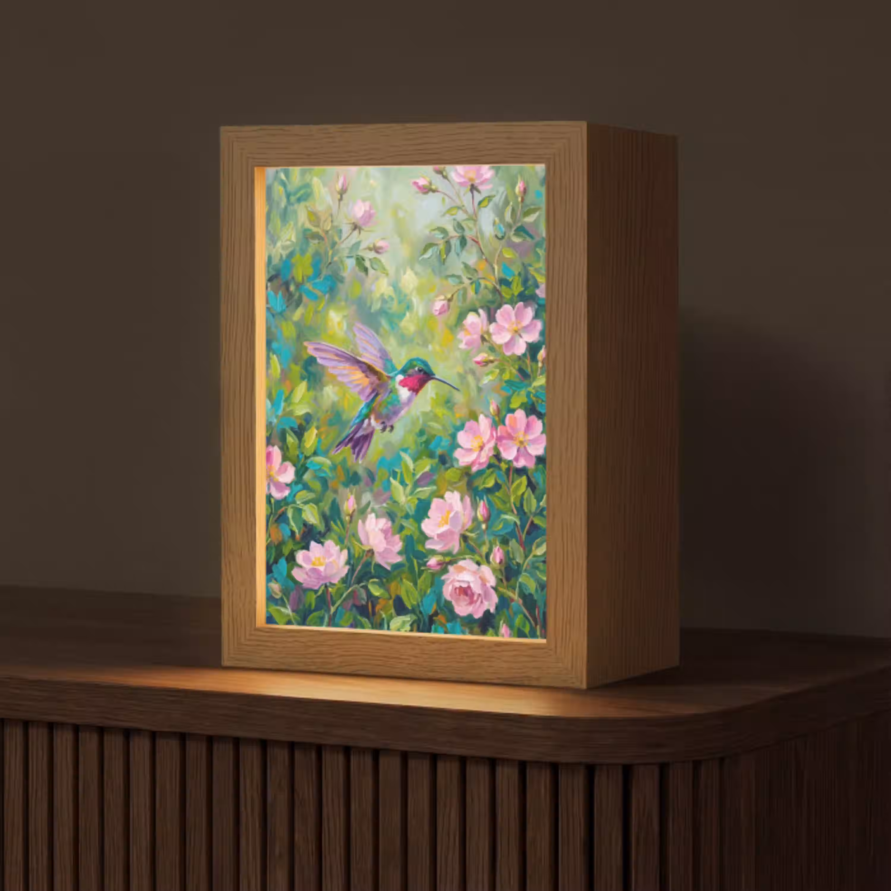 Kolibrie - Bloemen - Natuur - Kleurrijk Light Box met kabel (Tafellamp) klein -z3d_website