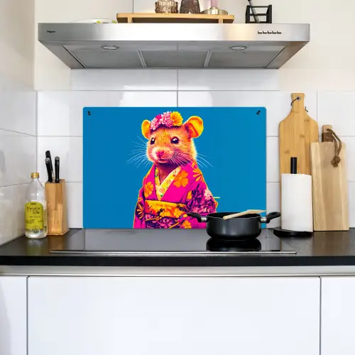 Muis - Kimono - Bloemen - Blauw Inductie beschemer met haakjes klein -sfeer2