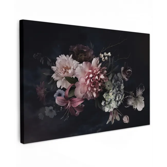 Bloemen - Vintage - Pastel - Zwart - Boeket canvas 2cm klein -z3d