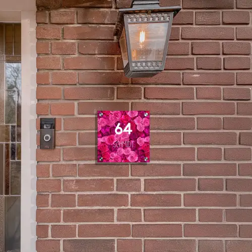 Roze rozen - Modern Naambord Vierkant klein -sfeer7-XS