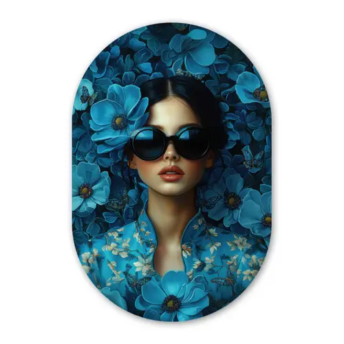 Vrouw - Bloemen - Blauw - Aesthetic - Luxe Wandcirkel Ovaal Forex klein -3d