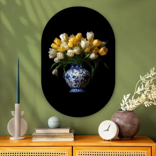 Geel - Tulpen - Vaas - Bloemen Wandcirkel Ovaal Glas middel -sfeer2