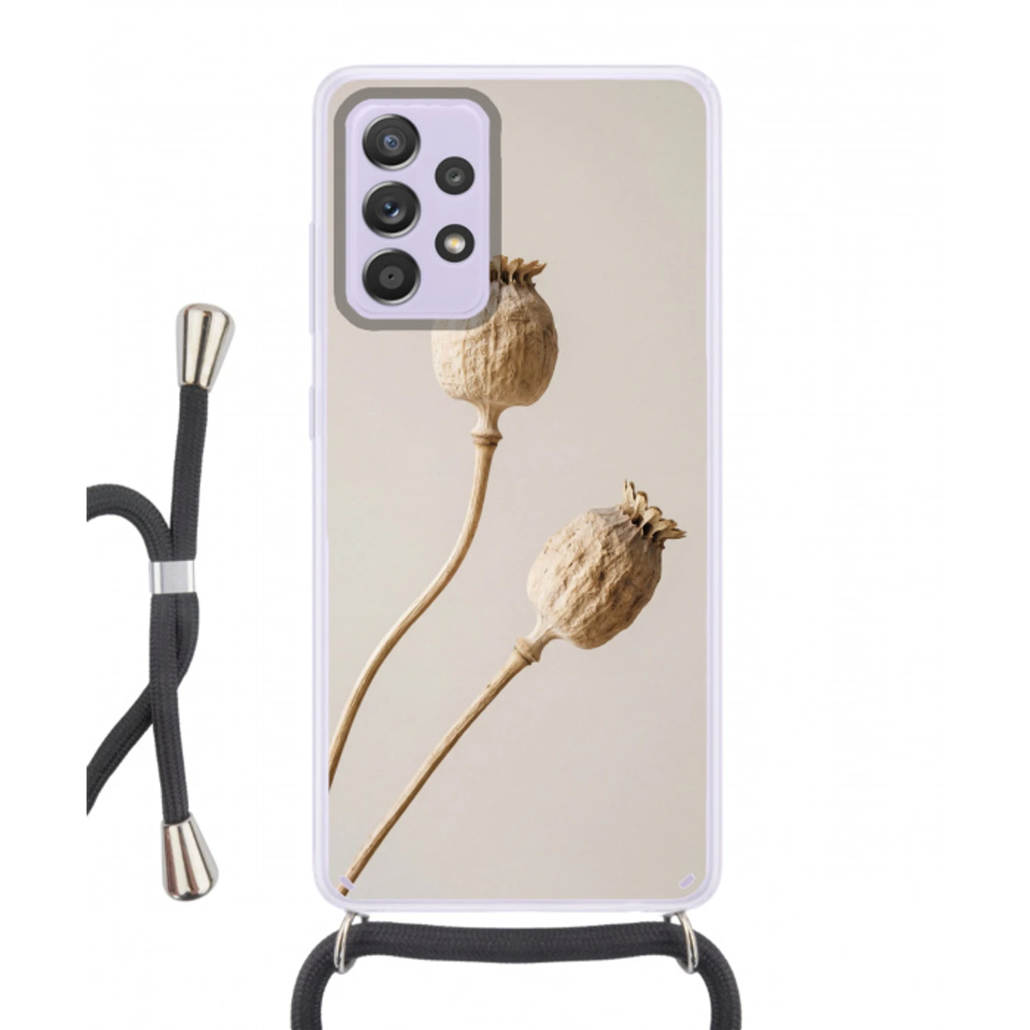 Papaverbollen - Droogbloemen - Minimalistisch - Beige - Rustig Hoesje Samsung Galaxy A52 5G met koord klein -3d