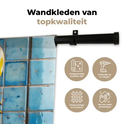 Kreeft - Geel - Blauw - Tegels Wandkleed katoen klein -sfeer2