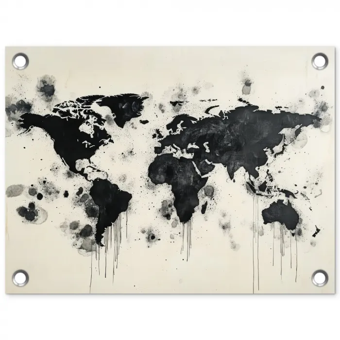 Wereldkaart - Zwart - Inkt tuinposter los doek klein -3d