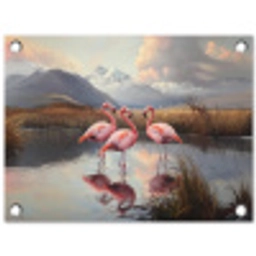 Flamingo - Roze - Meer - Bergen tuinposter los doek klein -3d