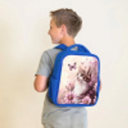 Kat - Paars - Vlinders - Bloemen Kinderrugzak - Blauw middel -sfeer2