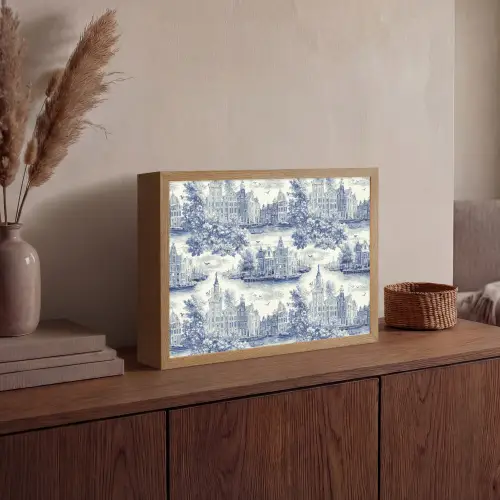 Huizen - Bomen - Water - Vogels - Blauw Light Box met batterij (Wandlamp) middel 907 -sfeer2