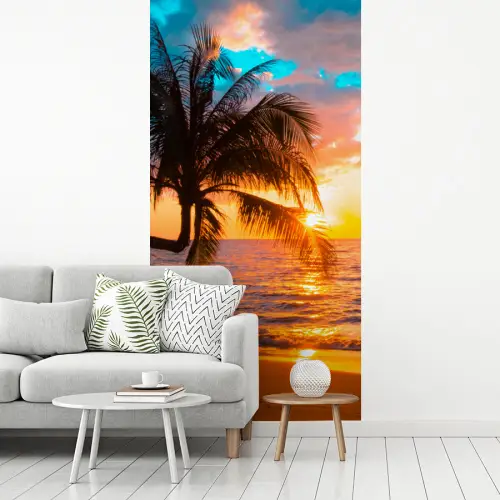 Palm - Zonsondergang - Horizon - Strand - Zee fotobehang vinyl groot -woonkamer