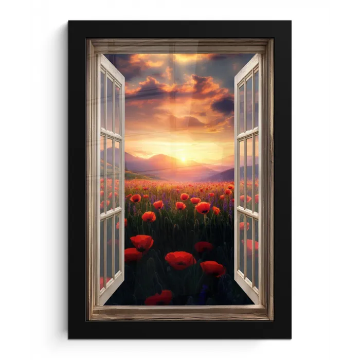 Doorkijk - Klaprozen - Bloemen - Rood - Open raam fotolijst zwart zonder passe partout klein -3d