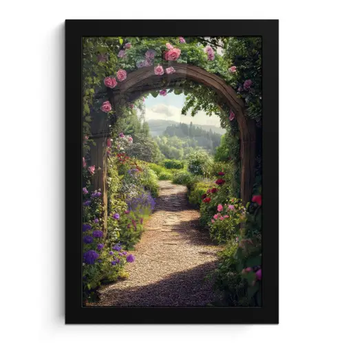Doorkijk - Landschap - Bloemen - Rozenboog - Natuur fotolijst zwart zonder passe partout klein -3d