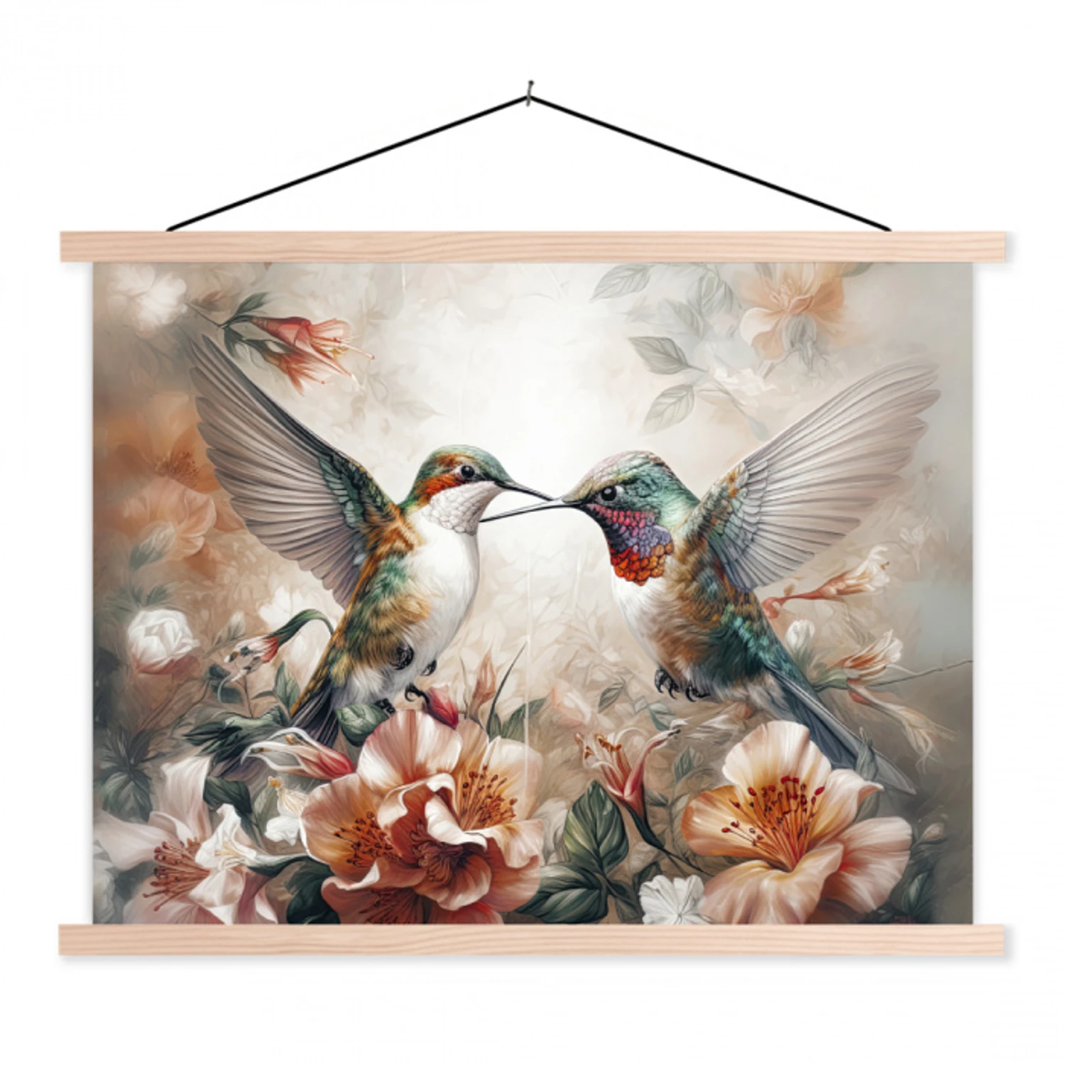 Kolibrie - Vogels - Bloemen - Natuur textielposter latten blank klein -3d