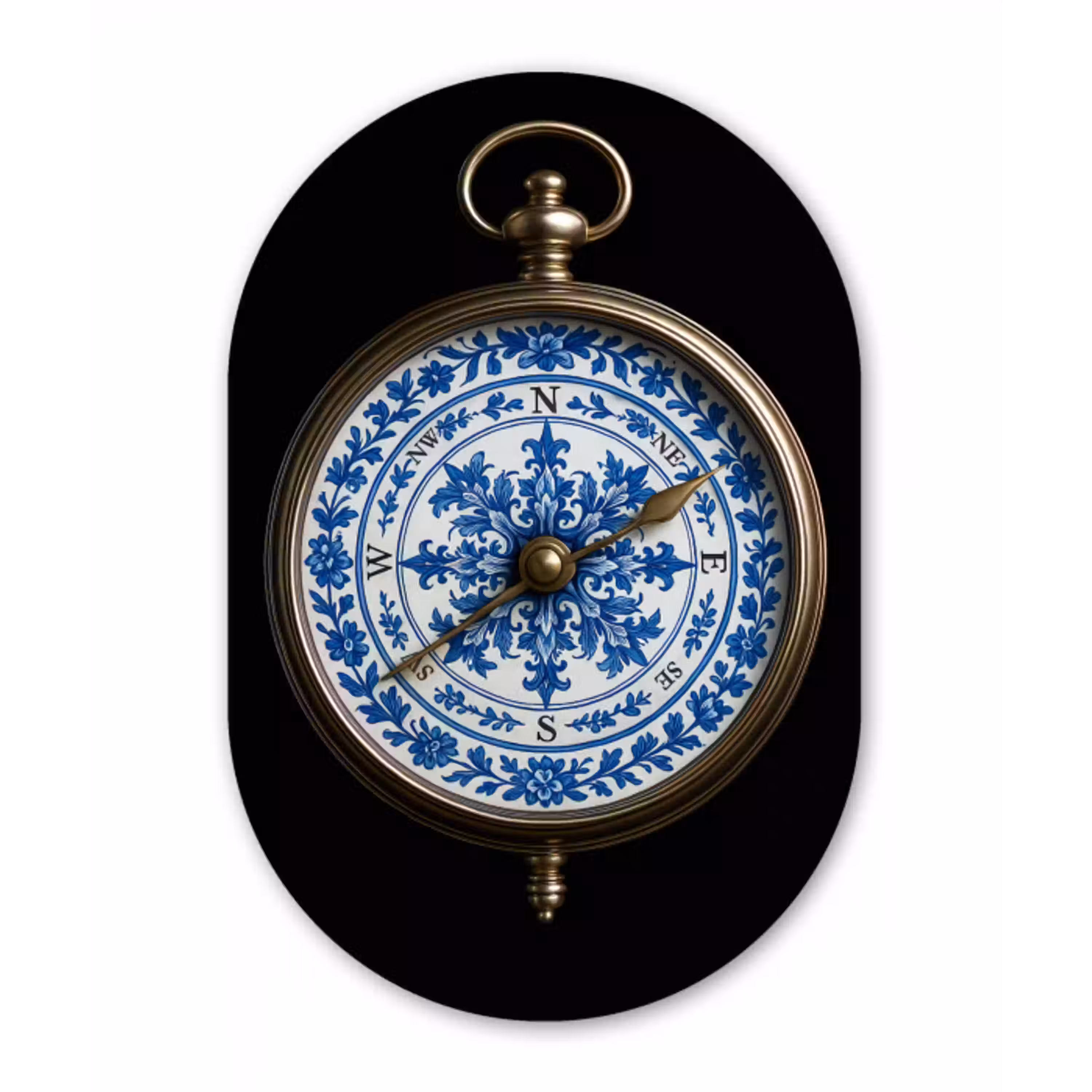 Kompas - Delfts blauw - Zwart Wandcirkel Ovaal Glas middel -3d