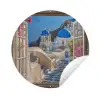 Doorkijk - Santorini - Landschap - Blauw - Grieks Wandcirkel tuinposter met ringen klein -3d
