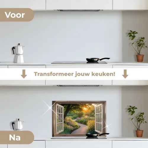 Doorkijk - Bloemen - Natuur - Zon - Pad keuken achterwand spatscherm klein -voor_na_NL