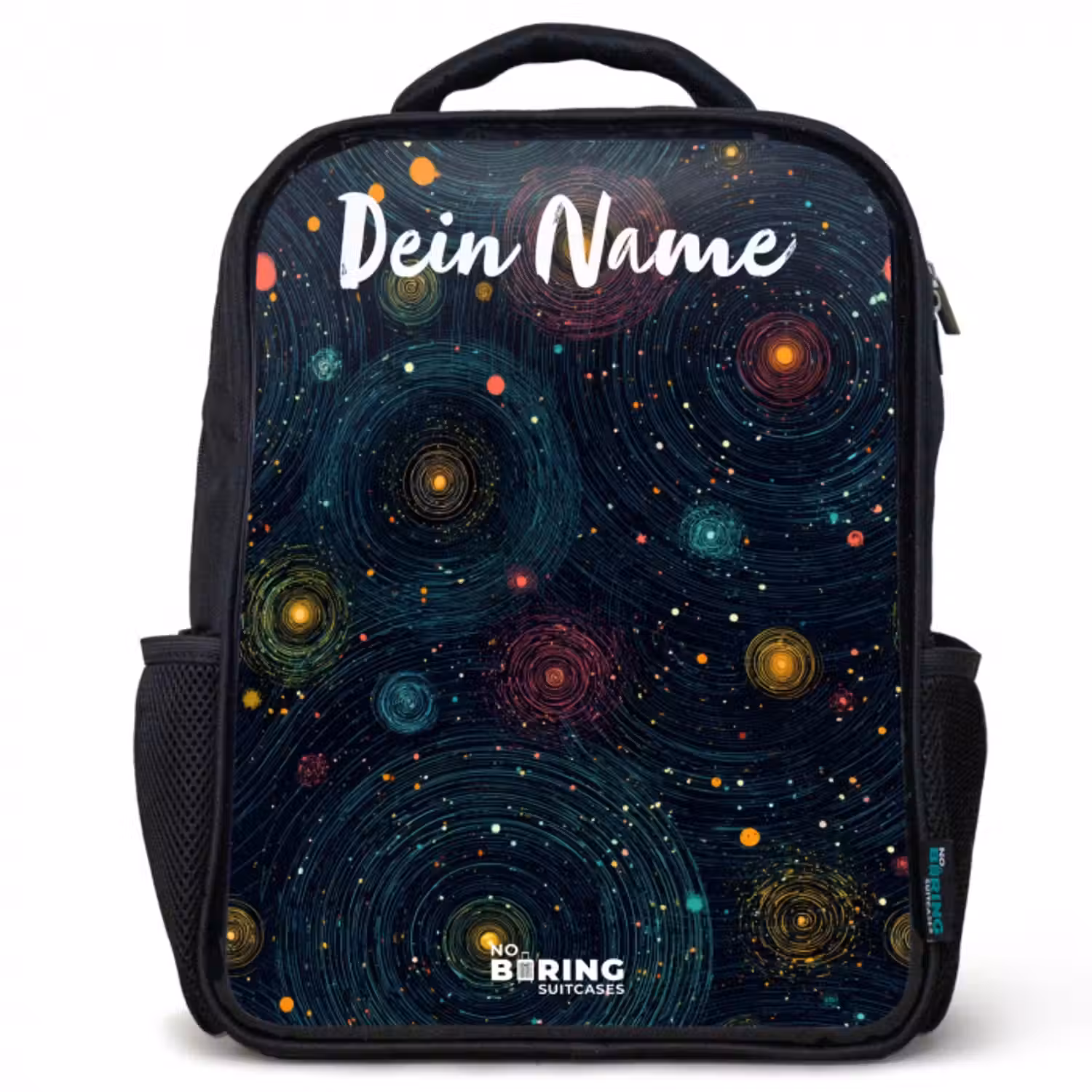 Kinderrucksack mit Namen - Schwarz - Sterne - Planeten - Farbenfroh
