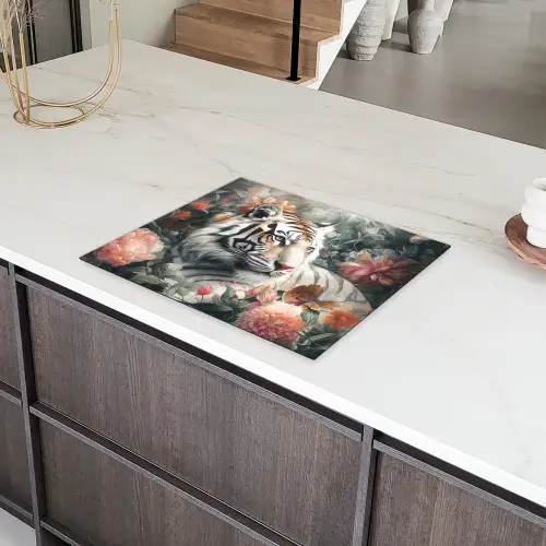 Tijger - Wilde dieren - Bloemen - Jungle Inductie beschermer vinyl 3mm groot -sfeer8
