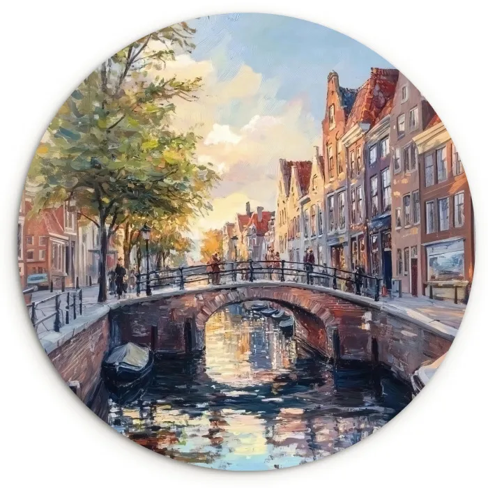Brug - Stad - Huizen - Boot Wandcirkel kunststof plaat 5mm dik klein -3d