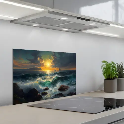 Zee - Zon - Golven - Rotsen keuken achterwand spatscherm klein -3d_schuin
