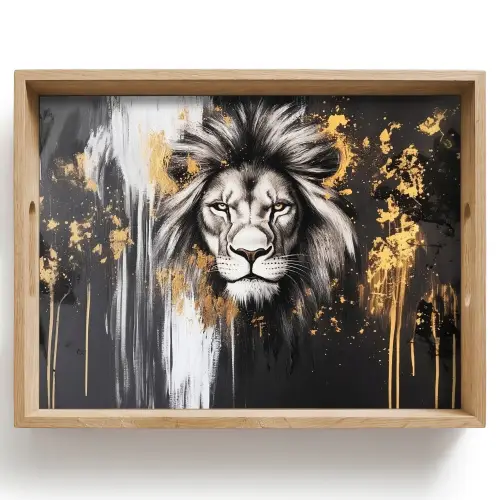 Leeuw - Portret - Verfspatten - Grijs Dienblad Rechthoek middel -z3d_shopping
