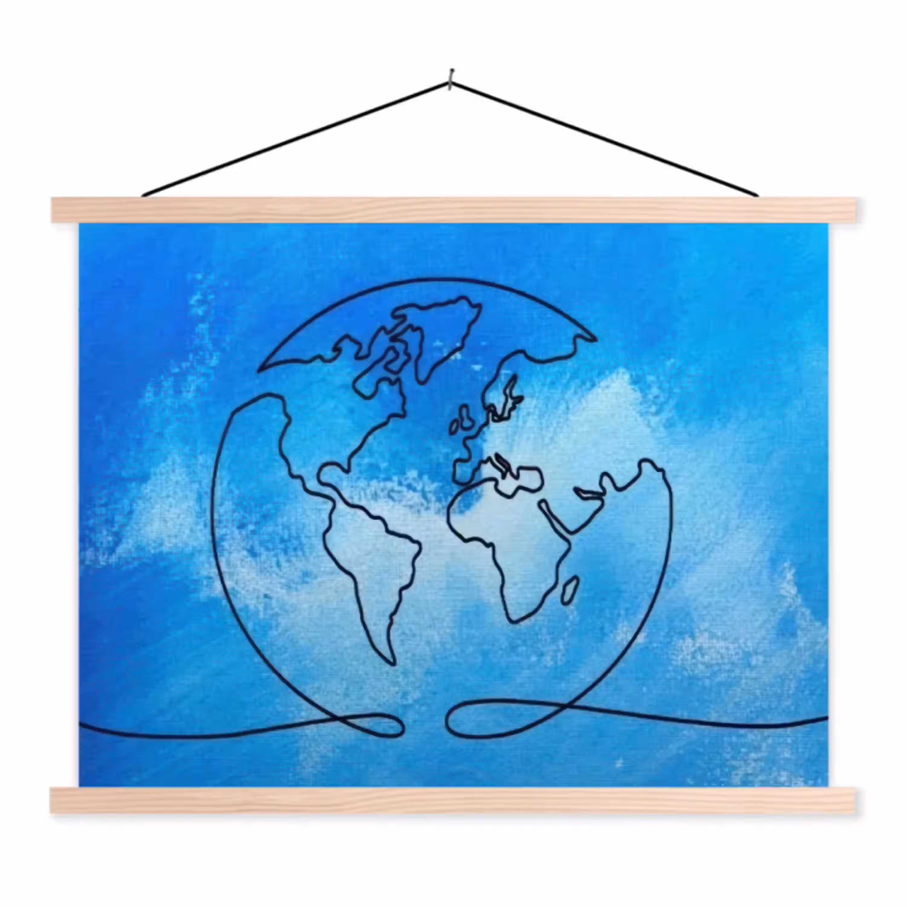Wereldbol - Blauw - Lijn - Wereldkaart textielposter latten blank klein -3d