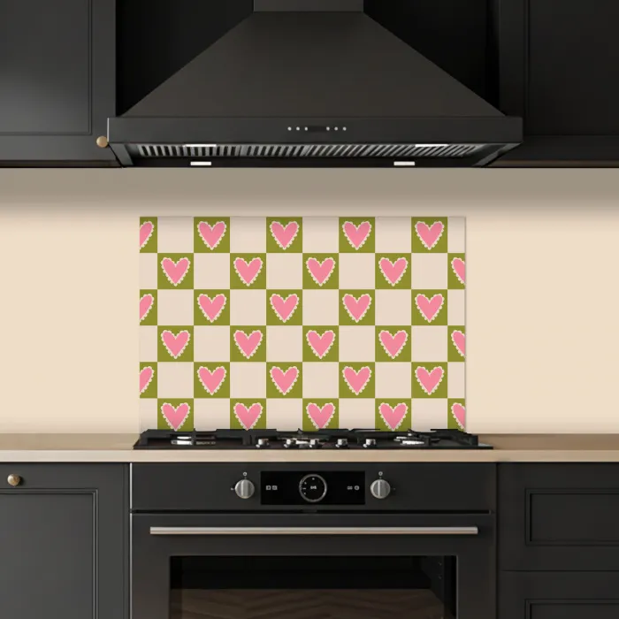 Olijfgroen - Hartjes - Patroon - Retro keuken achterwand spatscherm klein 900 -sfeer1