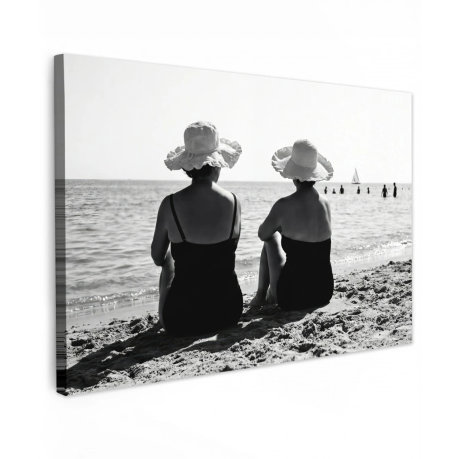 Vrouwen - Zonnehoed - Strand - Zwart - Wit Tuinposter op houten frame 2 cm dik klein -3d