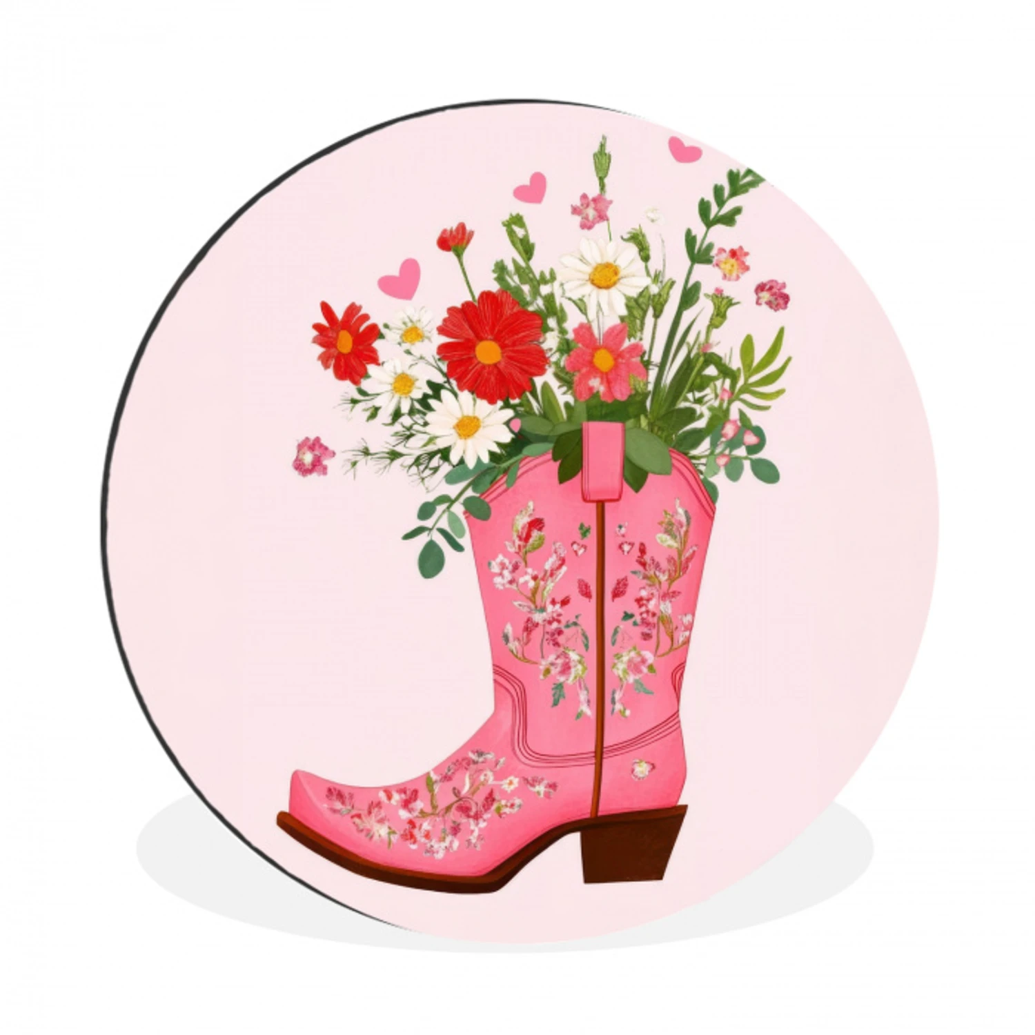 Cowboylaarzen - Roze - Boeket - Bloemen Wandcirkel aluminium klein -3d
