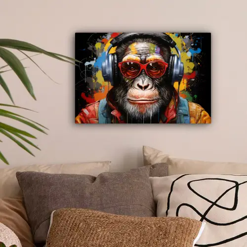 Chimpansee - Aap - dieren - Graffiti - Bril - Koptelefoon - Kleuren canvas 2cm klein -sfeer1