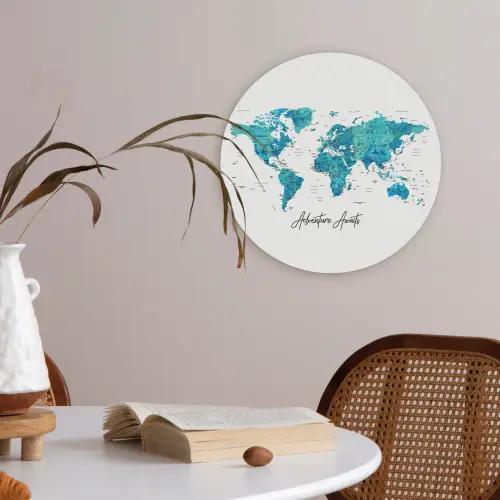 Wereldkaart - Blauw - Kleurrijk Akoestische PET Vilt - Rond klein -sfeer3