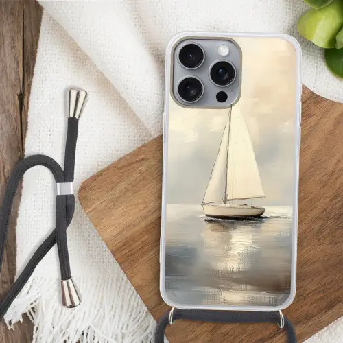 Zeilschip - Zee - Bewolkt Hoesje iPhone 16 Pro Max met koord klein -sfeer4