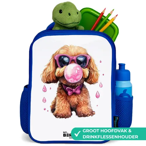 Bruine hond met roze bril en kauwgombal Kinderrugzak - Blauw middel -inhoud_NL