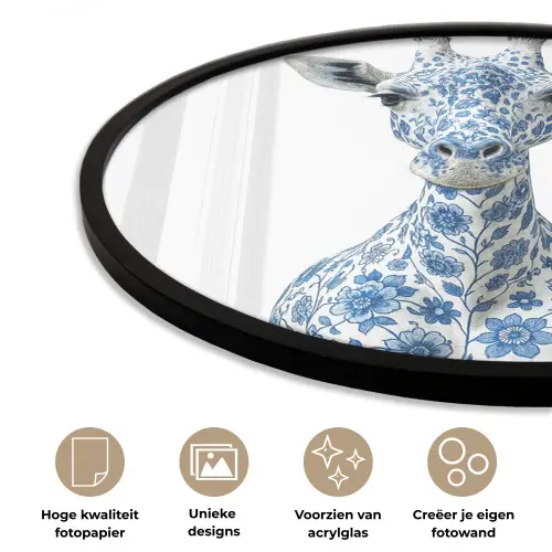 Giraffe - Delfts blauw - Dieren - Minimalistisch Fotolijst rond zonder passe partout klein -closeup_NL
